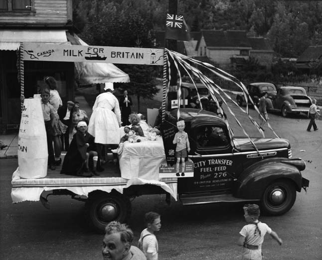 This parade float was created for the first Golden Spike Days Parade in 1944 and it had a decidedly patriotic theme to it.  Golden Spike Days was a community festival held from 1944 into the late 1950s. Photo courtesy of the Revelstoke Museum & Archives