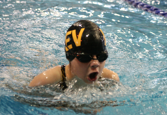 Anna Pfeiffer swims in the breaststroke event at the swim meet hosted by the Aquaducks at the Aquatic Centre last weekend. Photo courtesy of Connie Pfeiffer