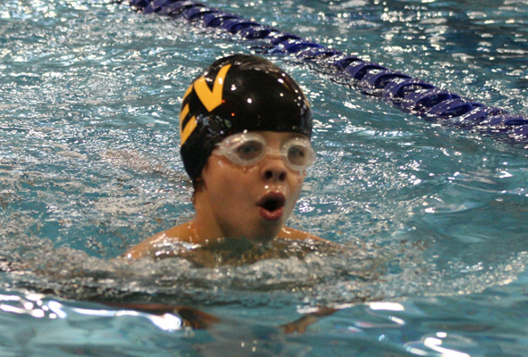 Lucas Federico swims in the breaststroke event at the swim meet hosted by the Aquaducks at the Aquatic Centre last weekend. Photo courtesy of Connie Pfeiffer