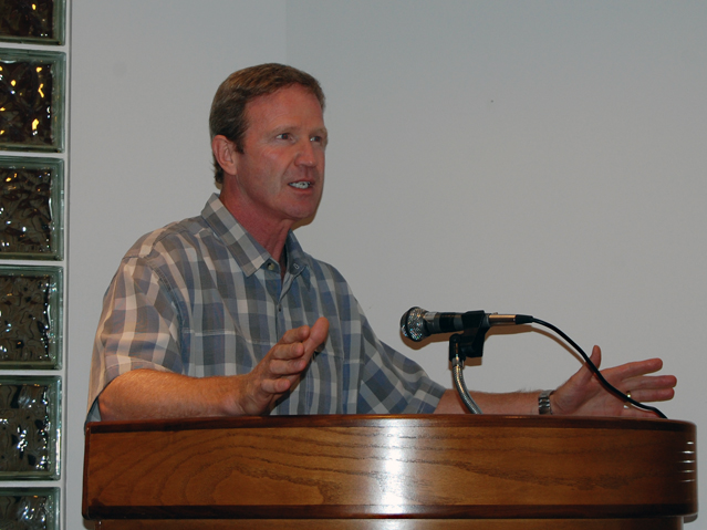 Revelstoke Mountain Resort's Rod Kessler gestures as he asks City Council to add its weight to protests against the proposed imposition of a Harmonized Sales Tax. David F. Rooney photo