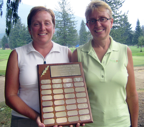 Sharon Ottenbreit and Lynn Tanner of Revelstoke won $100 each in the Two-Lady Event at the Revelstoke Golf Course with the overall low net score of 60. Photo courtesy of Pamela Franks/Revelstoke Golf Club 