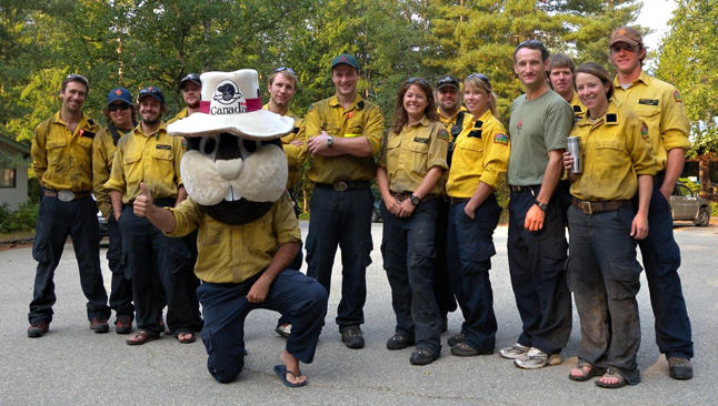 Parks Canada Initial Attack crews from Mount Revelstoke, Glacier, Waterton, Banff, & Kootenay gathered in Revelstoke to assist in fire operations over the past two weeks.(With some moral support from Boomer the Beaver?) Simon Hunt photo courtesy of Parks Canada