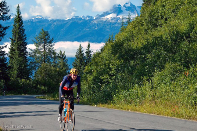 Rod Kessler gives it his all as he powers his way up Mount Revelstoke in the 2008 Mount Revelstoke Steamer. Photo courtesy of Mike Welch Photography