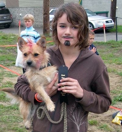 Eva Hemming and her frisky dog Bruce won top prize in the Just 4 Dogs crazy hair contest. Photo courtesy of Bruce Hemming