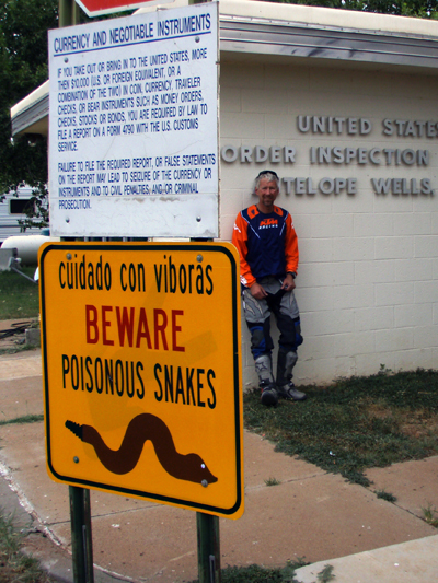 End of the road. Well, the U.S.-Mexican border, anyway. The yellow signs cautions people to be on the look out for poisonous snakes. Photo courtesy of Rich Hamiton
