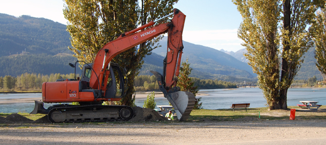 Workers have started building the new Centennial Park Train that will connect the trail above Downie Marsh with the sidewalk across from the Revelstoke Public Library. David F. Rooney photo