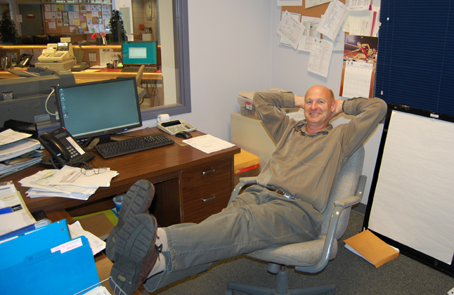 online-chell-retiring Alan Chell, the City of Revelstoke's long-serving director of parks and recreation, kicks back for a moment in his office, almost as though he's daydreaming about his retirement. Chell has been working for the City since 1981. He'll be leaving municipal service at the end of January 2010. David F. Rooney photo