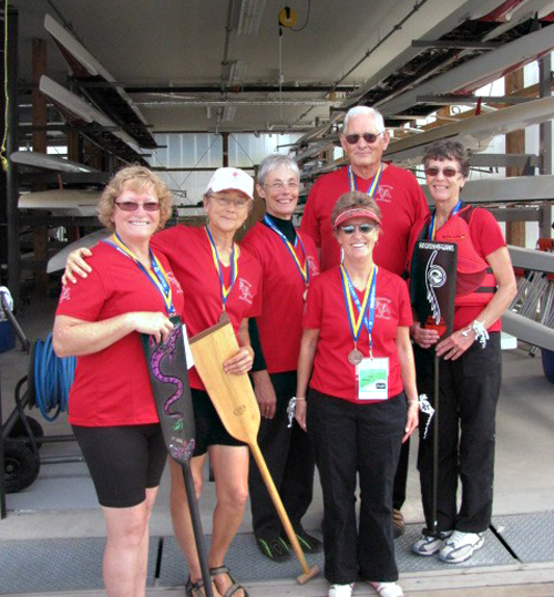 Revelstoke's Dam Survivors, Ginger Shoji and Barb Little (left) pose with fellow dragon boaters Kathy Yanke, Reg Janzen, Janet Ferns and (in front) Vera Schrieber. Photo courtesy of Barb Little