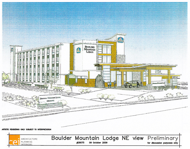 This is an artist's conception of what the planned Boulder Mountain Lodge will look like when it completed. The 4.5-storey Best Western lodge is planned for development at Pearkes and Laforme. Image courtesy of the City of Revelstoke