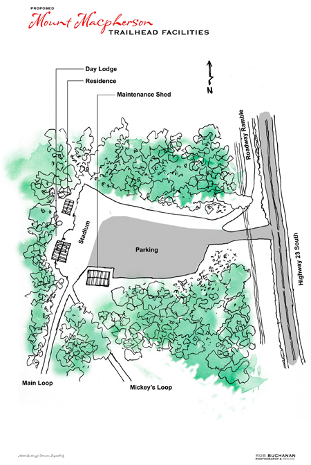 This bird's-eye-view shows something of the scale of the proposed new facility for Mount MacPherson. Rob Buchanan rendering courtesy of the Revelstoke Nordic Ski Club