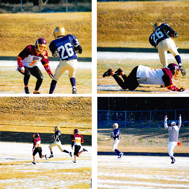 Pierre-Luc Lord shows his style in this four-image combo taken during a game in Cranbrook against the Rams. Confronted by a heavy-set Ram (top left), he fakes her out (top right), out-runs two pursuing Rams and scores one of his three touchdowns in the game. The Chargers defeated the Rams 41-6. Not bad, eh? Photos courtesy of Shawn Lord