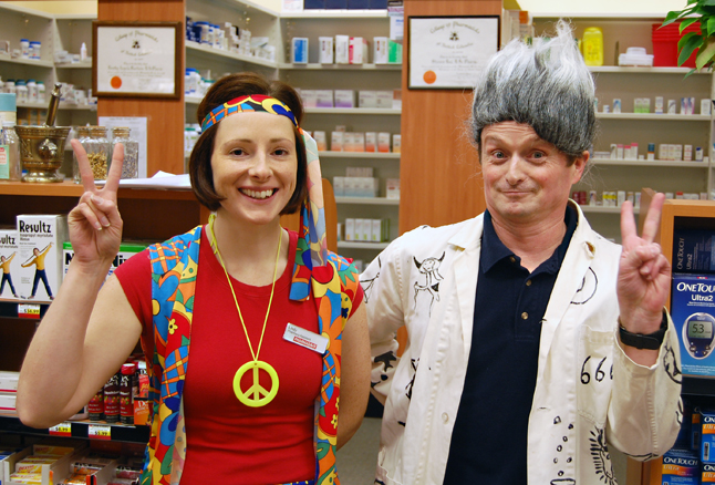 Meanwhile, in the pharmacy Lindy Silano and Hans Mohr has some kind of 1960s love-in-cum-mad-scientist thing going. Love that hair, Hans! David F. Rooney photo