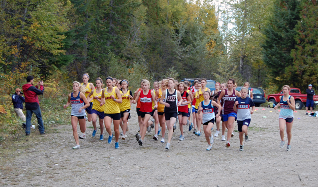 And they're off! Girls from RSS and school sin Salmon Arm, Vernon and Pleasant Valley start pounding the 4.5-kilometre course through the Mount MacPherson ski area on Wednesday. David F. Rooney photo