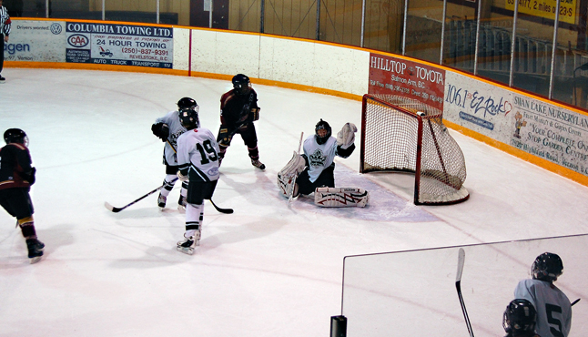 Revelstoke's Riley Hunt pulls off a hat trick with this goal against the Nelson Leafs Sunday. David F. Rooney photo