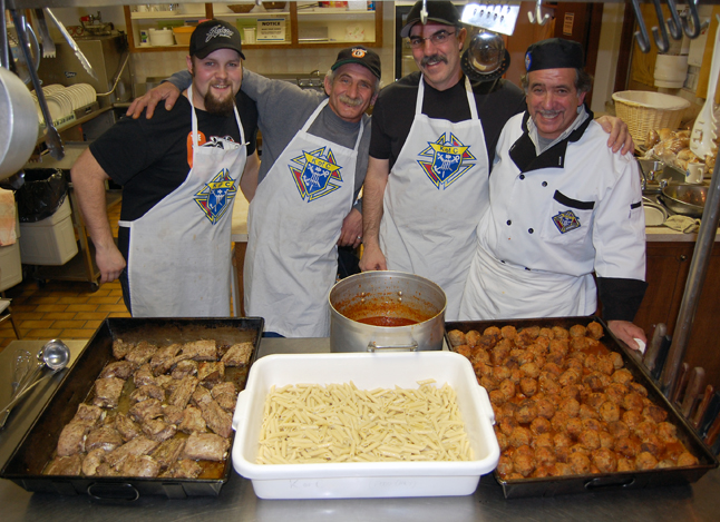 Meet the chefs: Dderek Burgart, John Bafaro, Keith Burgart and Paul Suraci. The ribs, pasta, meatballs and sauce are an honoured annual tradition at the Knight so fColumbus' Grey Cup Party.David F. Rooney photo