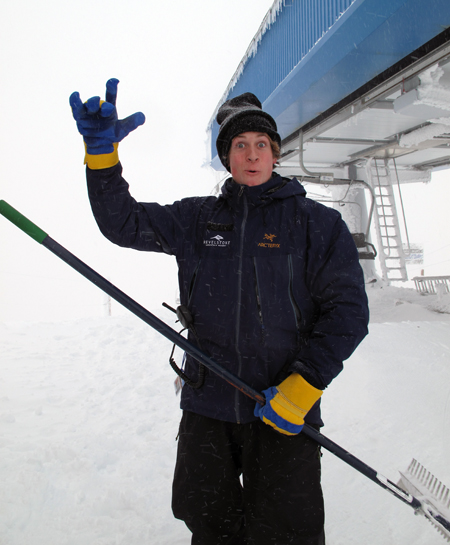 RMR employees like this one had something to smile about with the snow conditions on Mount Mackenzie. Photo courtesy of Karilyn Kempton/Revelstoke Mountain Resort