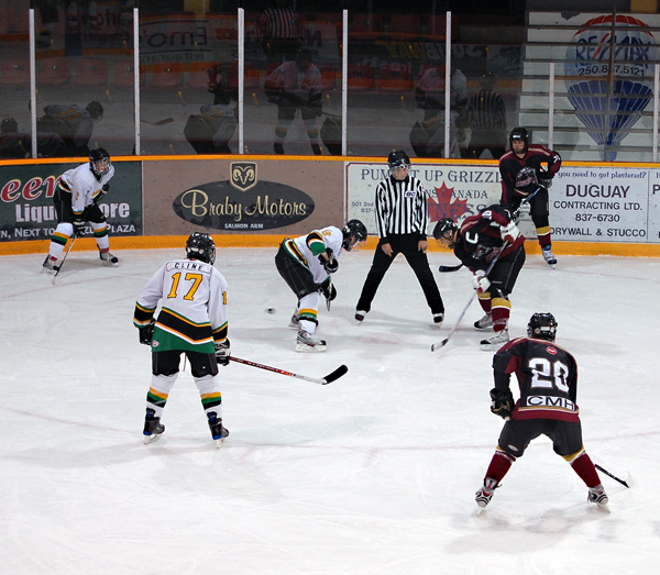 The Revelstoke Minor Hockey League Titans face off against the Rossland-Trail Broncos in a heartbreaking game that saw the hometown team go down 3-10 in a tournament here last weekend. The team also lost 2-5 to 100 Mile House but beat Nakusp 3-0. David F. Rooney photo