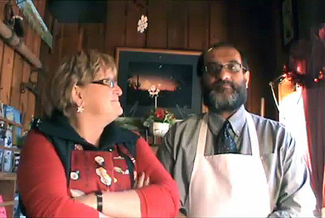 Ginger Shoji (left) has been organizing the Community Christmas Dinner since its inception 15 years ago. Matt Singh has donated his kitchen and restaurant as the venue for the event for the last five or six years. They both believe the dinner says a lot about Revelstoke and its community values.  Revelstoke Current Video still by David F. Rooney