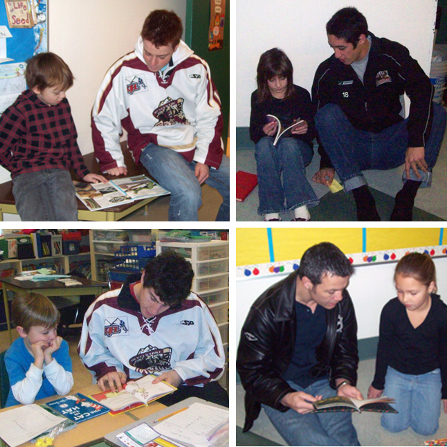 Four of the Revelstoke Grizzlies joined the Buddy reading Program at Columbia Park Elementary School last Thursday, Here they are helping some of the kids with their reading. Photo by student photographer Anne Mckenzie