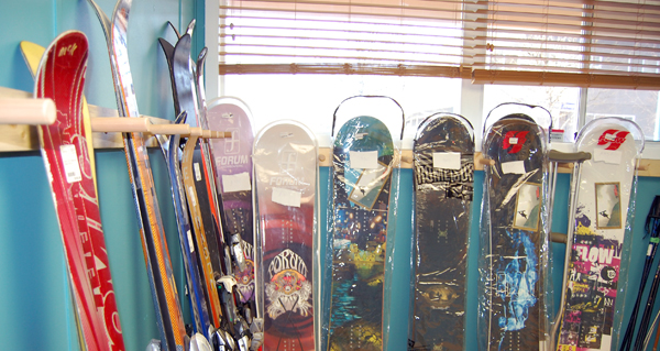 Boards, skis and other gear are lined up waiting for customers at Re Psyched. David F. Rooney photo