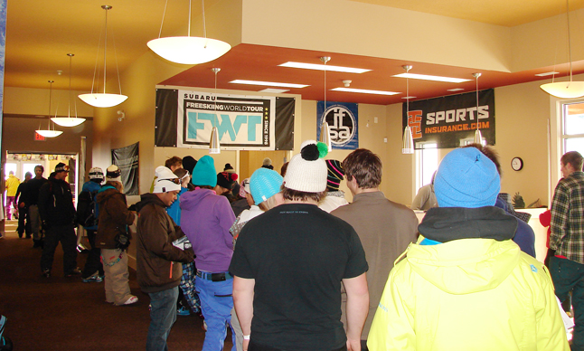 Athletes line up to register on the first day of the Subaru World Freeskiing Championship at Revelstoke Mountain Resort Wednesday. Karen McColl photos