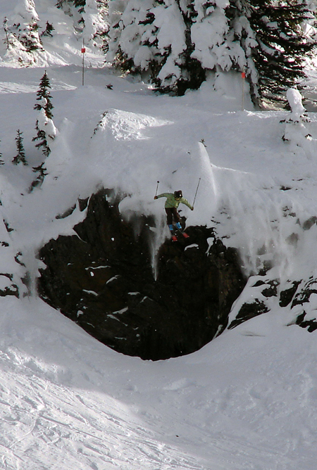 First place qualifier and RMR skier Eric Young coming off 'Lewy' cliff. Karen McColl photo