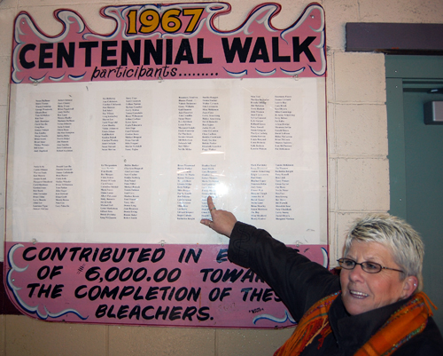 Brenda Diebert points to her name on the Centennial Plaque list of RSS students who walked 30 miles to raise enough money for bleachers to be installed on one side of the Revelstoke Forum. That kind of dedication is what the Revelstoke Hockeyville Committee is counting on as it solicits stories, photos and videos from local residents in support of its bid to win the national Kraft Hockeyville Contest. People have until midnight on Jan. 15 to submit the stories and photos Revelstoke needs if it is to progress to the next stage of the national competition. For more information, including submission guidelines, please go to www.revelstokehockeyville.com. David F. Rooney photo  David F. Rooney photo
