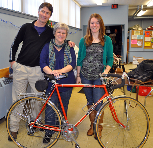 Who says the best toys have to be new? Certainly not Miranda Murphy (right) who posted the winning bid on this classic nearly-mint condition 1976 Monashee Nomad 10-speed in an auction organized by Brendan Ginter (left) as a fundraiser for the Community Connections Food Bank and Christmas Hamper Depot, represented by none other than Patti Larson. Miranda's bid was $270. "This has been a fantastic little fundraiser," Patti said. "All together it raised $470." Brendan was pleased, too, and says he'll try to reprise this fundraiser next Christmas. The only work, aside from new tires, this bike needed was a tune-up at Flowt Bicycles. David F. Rooney photo