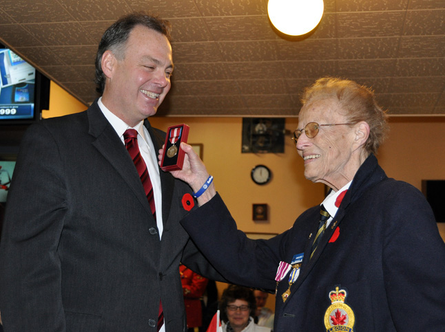 Marlene liked to say she went through by flying below the radar of public attention. That could well be so, but this moment when MLA Norm Macdonald presented her with a Queen's Jubilee Medal after the 2012 Remembrance Day ceremony was certainly a highlight, bringing both a smile to her lips and tear to her eye. Revelstoke Current file photo