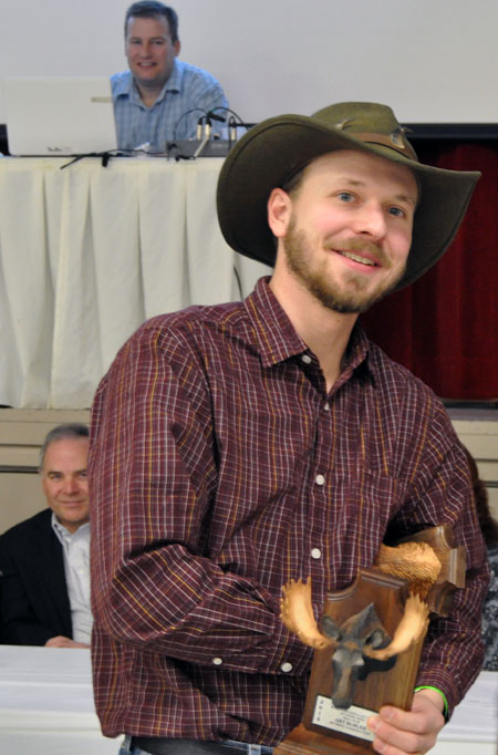 Kyle Buhler came back to pick up the first-place prize for a grizzly bear (18), sponsored by Tom Brake, and to pick up Art Buhler's First Place Moose Trophy (144 6/8) sponsored by Nu-Trend Construction Ltd. David F. Rooney photo