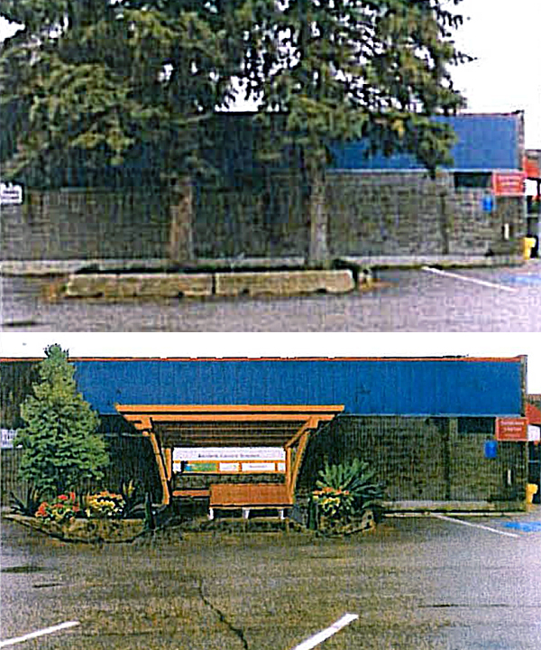 The City is proposing to replace the two spruce trees (top image) outside the Community Centre with a smartly designed wooden bus shelter for seniors and others who use the Transit Service to go to and from the Seniors and Community Centre. While the trees' removal is opposed by the North Columbia Environmental Society, the City's arborists note that the trees are buckling the pavement. They propose replacing them with a younger tree and other plants. A slightly different concept envisions a bicycle stand on the right-hand side of the shelter. Image courtesy of the City of Revelstoke