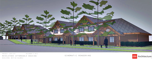 The Revelstoke Community Housing Society is eagerly anticipating the official response to its proposal to build 12 one- and two-bedroom row house-style condo units at Bridge Creek Properties. Artist's conception courtesy of the Revelstoke Community Housing Society