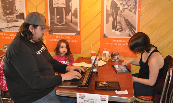Mark Maaske and Danielle Foisy, aided by young Brooklyn, were willing to help customers at A&W cast their electronic ballots for Dennis on Saturday. Voting for the Hockey Goes On Contest will continue until 9 pm on Sunday, March 24. So if you haven't yet  voted or want to vote again you can do so right up until the online polls close. David F. Rooney photo