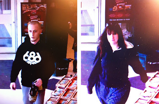 Here are security camera images of the man who allegedly snatched a lady's purse from an unattended cart at Coopers and (right) the woman who is believed to have left with him. You can read more about this crime at https://legacy.revelstokecurrent.com//2013/03/12/local-crime. Security camera images courtesy of Revelstoke Crime Stoppers