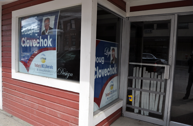 The provincial election campaign hasn't even officially begun and already there is evidence of political thuggery. In this case, someone kicked in the glass door of the BCX Liberal Party's Revelstoke campaign office on First Street West sometime between Saturday and Sunday. Peter Bernacki, vice president of the BC Liberals' riding association, says he has reported the vandalism to the police and if a perpetrator is identified he will see them prosecuted. David F. Rooney photo