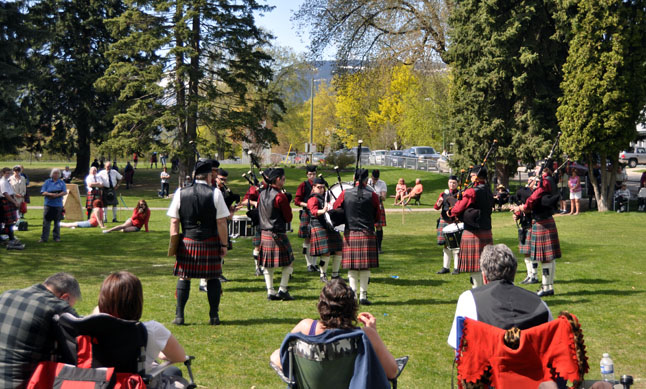 Each of the bands, here you can see the Kelowna Pipe Band, played a medley of songs for the hundreds of people who thronged the park to enjoy the bagpipes. As hosts of this year's Spring Fling, The Revelstoke Highland Pipe Band did not compete. They did, however, play after the Spring Fling dinner at the Community Centre in Saturday evening. David F. Rooney photo