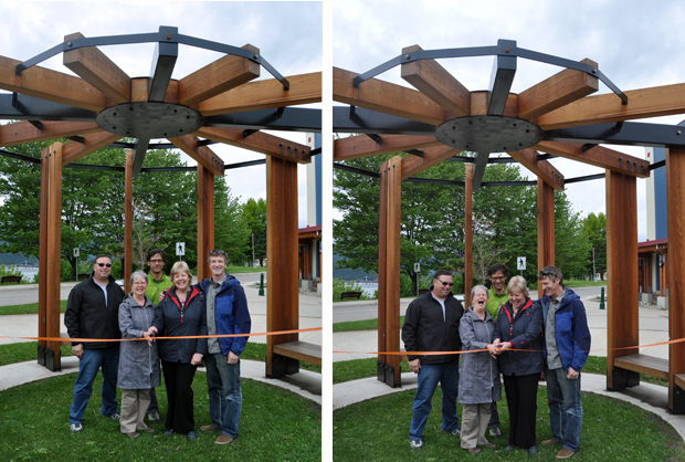 Friday saw an official opening of the City's latest piece of public art — The Sternwheeler — which was installed at the Community Centre last autumn. Acting Mayor Linda Nixon and City Councillor Gary Starling posed with Public Art Committee Chairwoman Jackie Pendergast and Sternwheeler creators Rob Buchanan and Daryl Ross (Rudy Magirena Robert Maraun, two of the other men who helped build it could not attend the opening) for an official ribbon cutting.  However, as you can see in the right0hand image the group proved to be scissors-challenged. David F. Rooney photo 