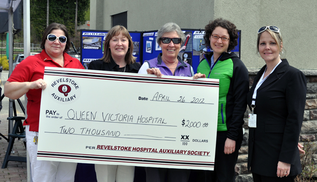 EZ Rock's annual telethon brought out some big bucks to help Queen Victoria Hospital, which needs $10,807 to purchase four bassinettes, an Obstetric Doppler and a delivery cart fr the maternity department. QVH got a big boost with this $2,000 cheque from the Hospital Auxiliary on Friday morning. Here we see (from left to right) Cheryl Fry of the Hospital Auxiliary, QVH's Julie Lowes, Margaret Zilonka of the Auxiliary, Dr. Kim Veale and QVH's Maura Seyl. David F. Rooney photo