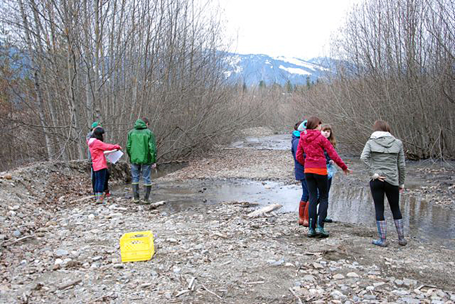 Students testing water quality at Montana Creek. Photo courtesy of the Columbia Basin Trust
