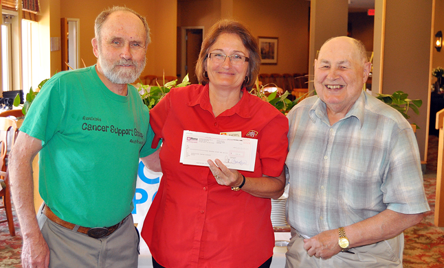 The Cancer Support Group's Doug Hamilton (left) and Ron Holoday (right) were all smiles on Tuesday as they accepted a $608 cheque from Sheryl Hermansen of Home Hardware at the Hillcrest Hotel. Home Hardware held a recent weekend sale on Campbell Avenue in aid of the group, which plays an important role providing support and advocacy services for local people with cancer. Way to go Home Hardware. David F. Rooney photo 