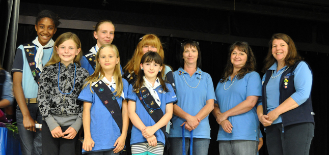 1st Revelstoke Guides are led by, in the back row, Katie Brosseuk, Anna Kampman Lauren Channell, Guider Kelli Redman, Guider Donna Alm, Unit Guider Michelle Cole. In front are  Makenna McLaughlin, Shaunnacy Alm, Taila Gallon. David F. Rooney photo