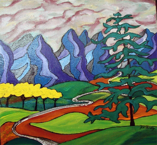 If you’re in Nakusp this month you should stop by Studio  Connexion Gallery and catch the exhibition of work, entitled My Vision: Scenic Paintings, by Calgary painter Elizabeth Laishley. “Elizabeth and her husband usually spend their summers in the Kootenays,” says Studio Connexions’ Anne Beliveau. “I met her at the gallery a few years ago and was delighted by her energy. She is also the author of Homage to Leonard Cohen, a book she wrote and illustrated with paintings she did while listening to his music. Her style is truly influenced by The Group of Seven and the German Expressionists.” The exhibition of Laishley’s landscapes opens on Friday, June 14, at Studio Connexions in Nakusp from 5 pm until 8 pm. It is on display until June 29. Image courtesy of Studio Connexions Gallery 