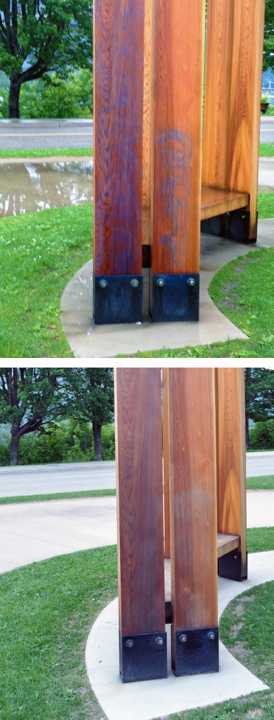 These images show the graffiti that was sprayed on Sternwheeler public art installation (top image courtesy of the City of Revelstoke) and the way the now-cleaned wood was damaged by the paint and the chemicals used to remove it. Revelstoke Current illustration