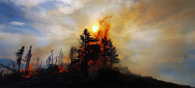 Smoke from the fire creates an eerie but beautiful atmosphere for Parks Canada fire crews. Simon Hunt /Parks Canada photo