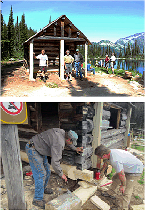 Top photo: The Parks Canada restoration crew from Banff National Park (from left: Sean Buckle, Rick Brown and Frank Burstrom) proudly display the newly restored Eva Lake cabin to those who hiked out to Eva Lake on the annual Eva Lake Pilgrimage, Saturday, August 10, 2013. Jacolyn Daniluck photo courtesy of Parks Canada Bottom photo:From July 31st until August 10th, the crew has been working on the cabin. Here, Frank Burstrom and Shawn Buckle adjust dovetail notching to replace bottom sill logs on the cabin. Claire Sieber photo courtesy of Parks Canada
