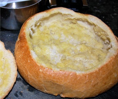 The hollowed out loaf holds the stew surprisingly well. Freeze the bread centre in a baggie until you needs some crumbs.
