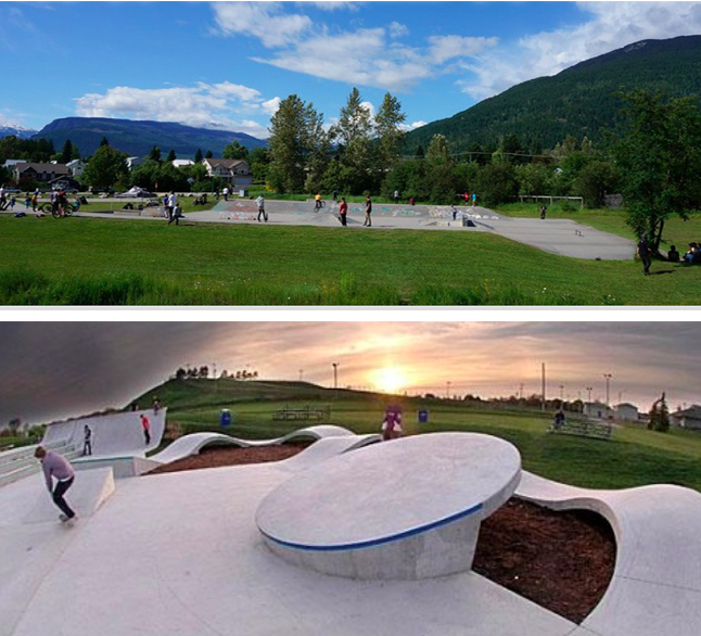 Two years ago the Columbia Valley Skateboard Association’s (CVSA) proposal to build a skateboard park at Centennial Park was endorsed by Council. Today, that plan is dead and the CVSA is forced to reconsider Kovach Park, pushing it smack up against opposition from many area residents. The image on top shows Revelstoke's venerable skateboard park. The one below is the skateboard park in Salmon Arm.