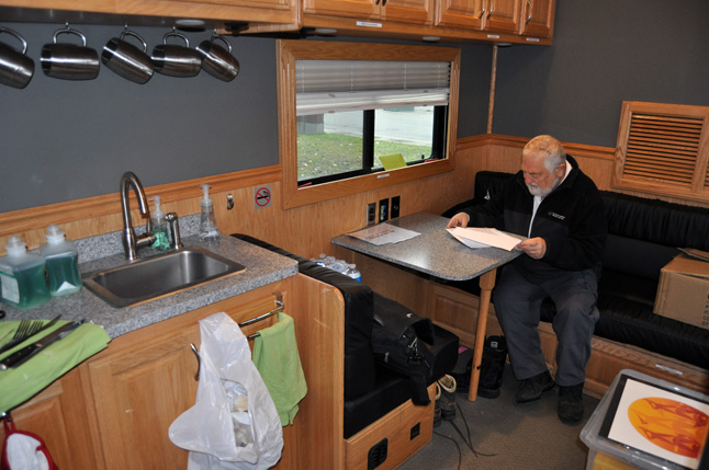 There is a tiny staff lounge/dining area in the logistics truck. It also contains two beds behind the driver's compartment. David F. Rooney photo