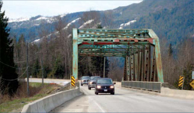 Picture yourself driving onto this bridge on a slushy, wintery day with the oncoming vehicle doing 360o turns and a semi-truck right behind you. Begin highway and bridge upgrades immediately. Photo of Malakwa Bridge taken from Ministry of Transportation and Infrastructure’s “Community Engagement Discussion Guide”, 2013, page 8