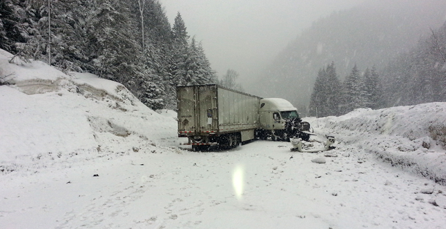 The Trans-Canada Highway was closed for 2.5 hours on Friday, March 14, after this transport struck the shoulder and jackknifed at 8:15 am about 20 kilometres west of town. The driver was treated at Queen Victoria Hospital and released. He was issued a ticket for driving too fast relative to the highway’s condition. Photo courtesy of the Revelstoke RCMP